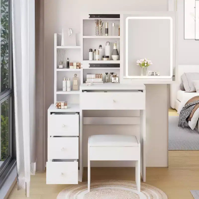 Coiffeuse avec miroir coulissant Okak, table de maquillage peu encombrante avec rangement caché, 3 modes d'éclairage et tabouret rembourré pour petites chambres