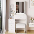 Coiffeuse avec miroir coulissant Okak, table de maquillage peu encombrante avec rangement caché, 3 modes d'éclairage et tabouret rembourré pour petites chambres