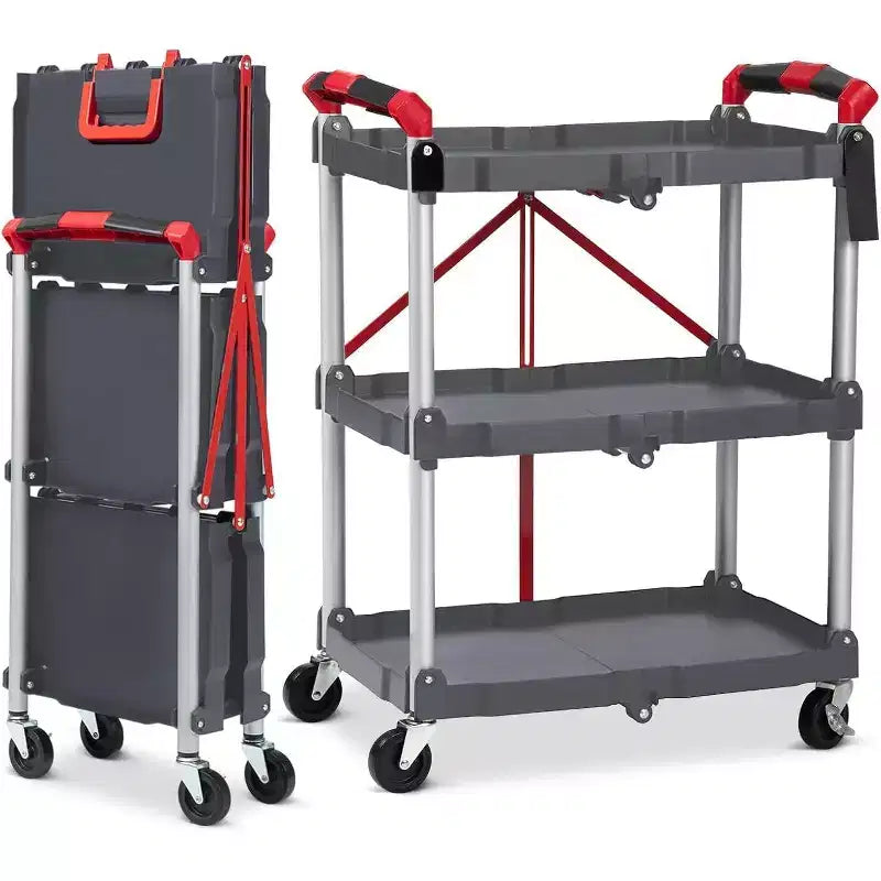 3-Tier Portable Folding Service Cart, Collapsible Push Cart with Wheels, 56 Lbs Load Capacity per Shelf, for Home/Office/Warehouse Gery