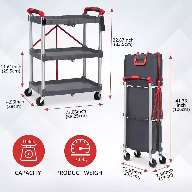 Chariot de service pliable portable à 3 niveaux, chariot pliant avec roues, capacité de charge de 25 kg par étagère, pour maison/bureau/entrepôt, gris