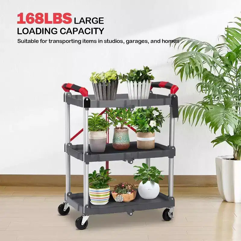 Chariot de service pliable portable à 3 niveaux, chariot pliant avec roues, capacité de charge de 25 kg par étagère, pour maison/bureau/entrepôt, gris