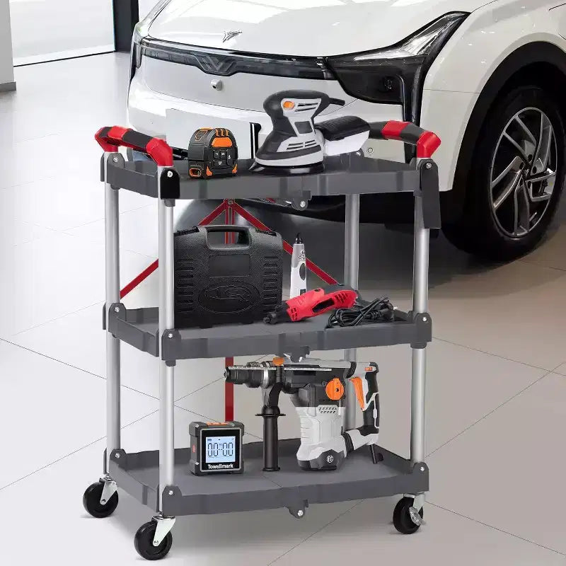 Chariot de service pliable portable à 3 niveaux, chariot pliant avec roues, capacité de charge de 25 kg par étagère, pour maison/bureau/entrepôt, gris