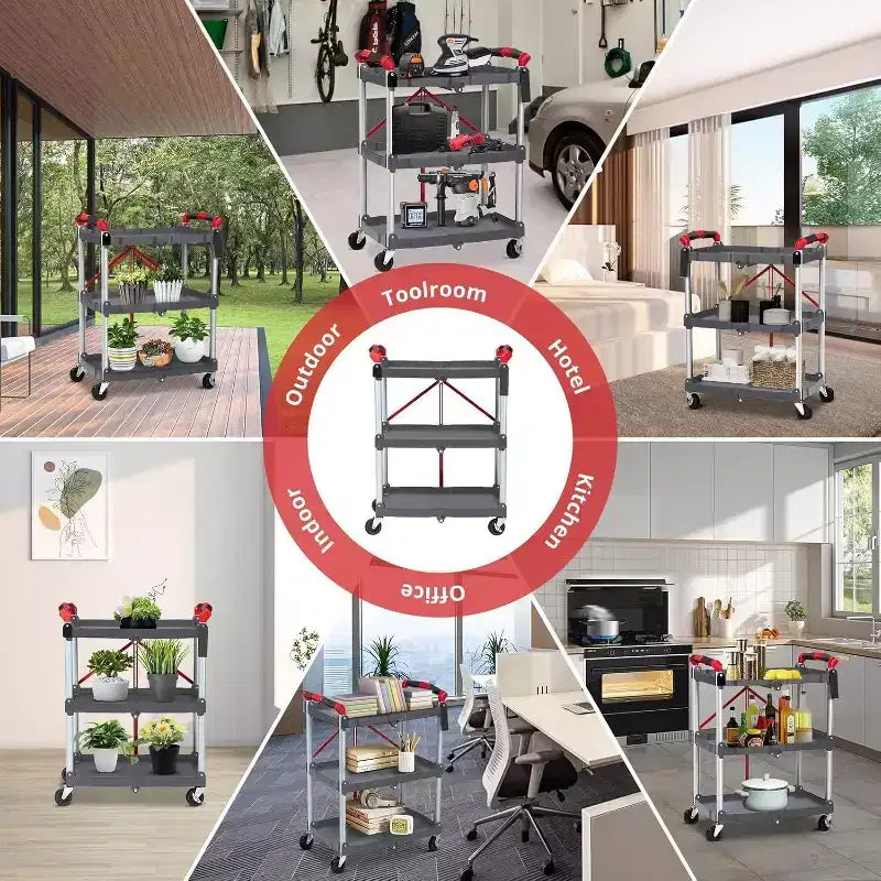 Chariot de service pliable portable à 3 niveaux, chariot pliant avec roues, capacité de charge de 25 kg par étagère, pour maison/bureau/entrepôt, gris