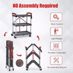 Chariot de service pliable portable à 3 niveaux, chariot pliant avec roues, capacité de charge de 25 kg par étagère, pour maison/bureau/entrepôt, gris