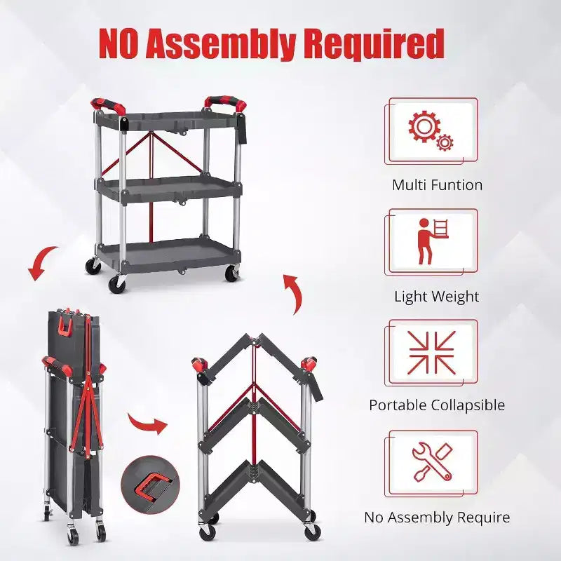 Chariot de service pliable portable à 3 niveaux, chariot pliant avec roues, capacité de charge de 25 kg par étagère, pour maison/bureau/entrepôt, gris