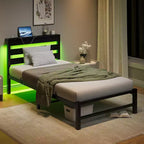 CLIHOME Black Bed Frame Heavy Duty Platform LED Bed Frame with Headboard & USB Charging Station
