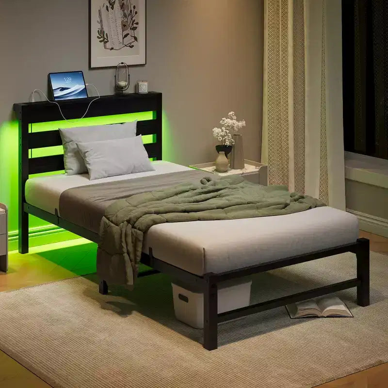 CLIHOME Black Bed Frame Heavy Duty Platform LED Bed Frame with Headboard & USB Charging Station
