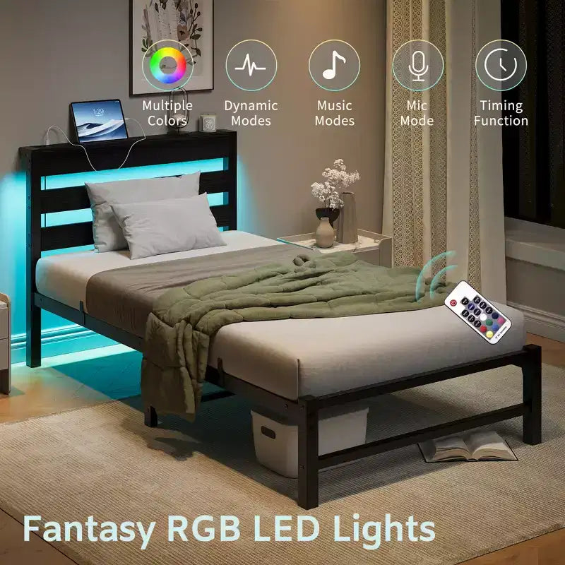 Cadre de lit noir CLIHOME robuste avec plateforme, éclairage LED, tête de lit et station de recharge USB