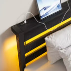 Cadre de lit noir CLIHOME robuste avec plateforme, éclairage LED, tête de lit et station de recharge USB