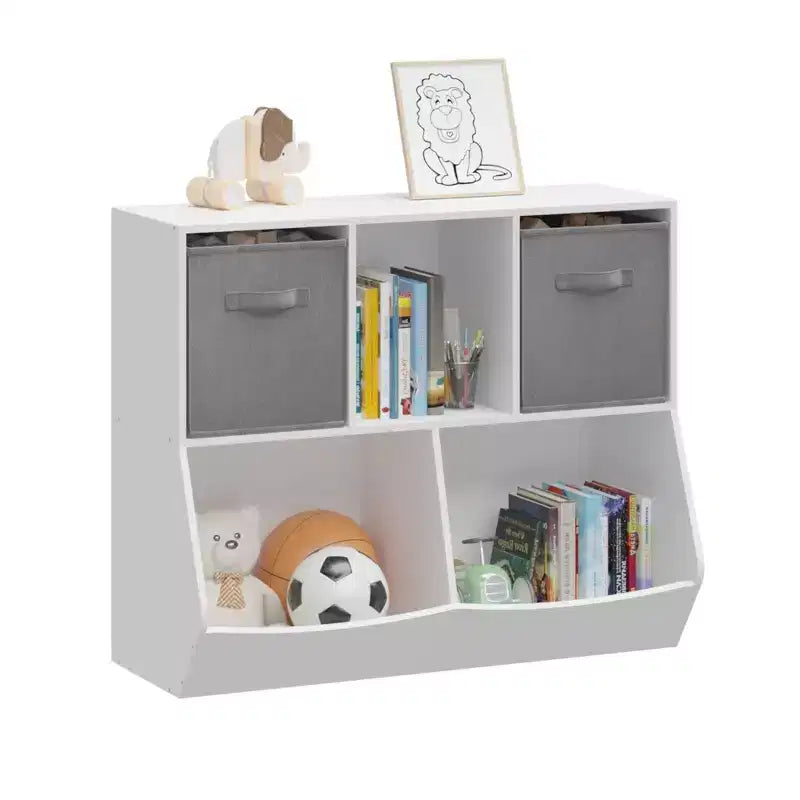 Étagère à Livres pour Enfants 4 Cases - Organisateur de Rangement de Jouets pour Salle de Jeux, Chambre d'Enfant & Maternelle - Blanc-Gris