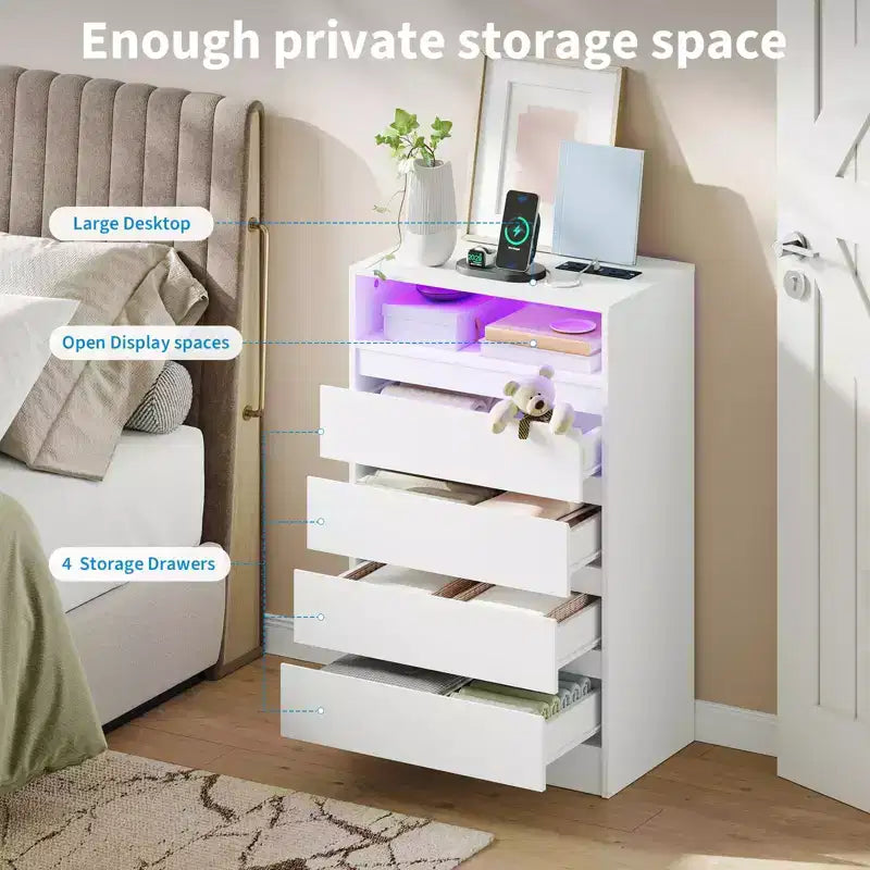 Commode 4 Tiroirs, Commode LED Blanche avec Station de Charge, Fixation Murale, Bande Lumineuse Réglable 6 Couleurs, Convient pour Chambre, Salon