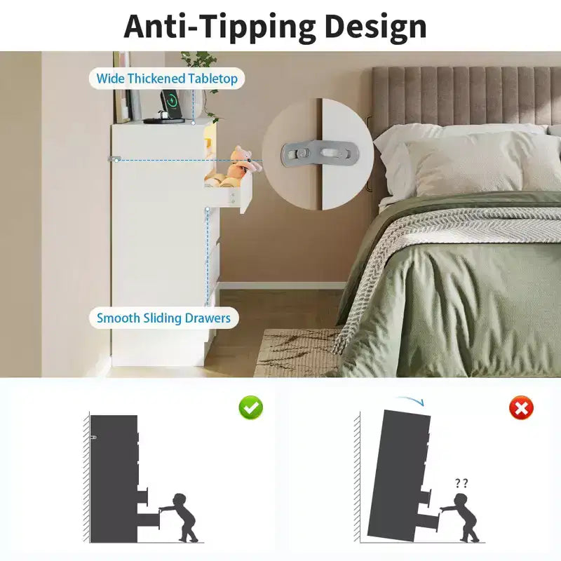 Commode 4 Tiroirs, Commode LED Blanche avec Station de Charge, Fixation Murale, Bande Lumineuse Réglable 6 Couleurs, Convient pour Chambre, Salon