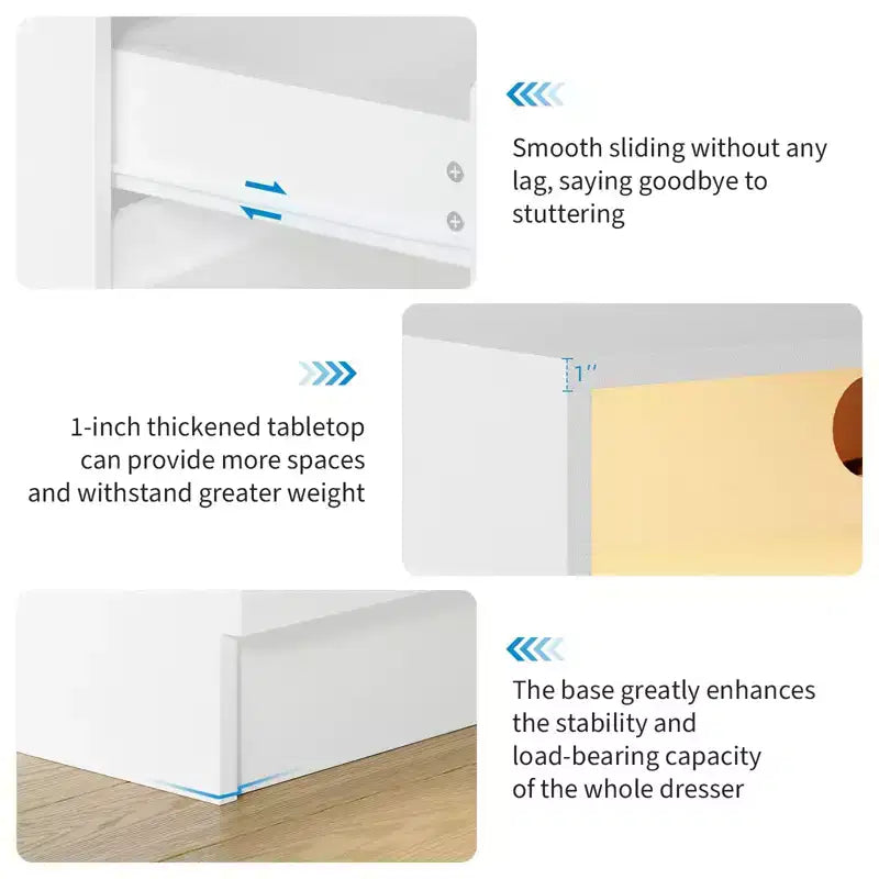 Commode 4 Tiroirs, Commode LED Blanche avec Station de Charge, Fixation Murale, Bande Lumineuse Réglable 6 Couleurs, Convient pour Chambre, Salon