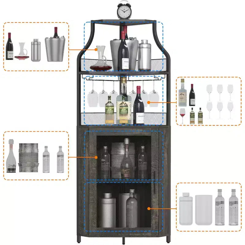Étagère à vin d'angle, étagère à 5 niveaux avec casier à vin amovible, meuble de bar avec support à verres, petit meuble de salle à manger et buffet avec porte en filet