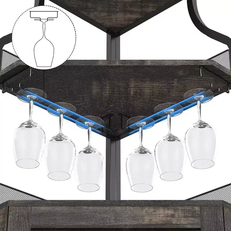 Étagère à vin d'angle, étagère à 5 niveaux avec casier à vin amovible, meuble de bar avec support à verres, petit meuble de salle à manger et buffet avec porte en filet