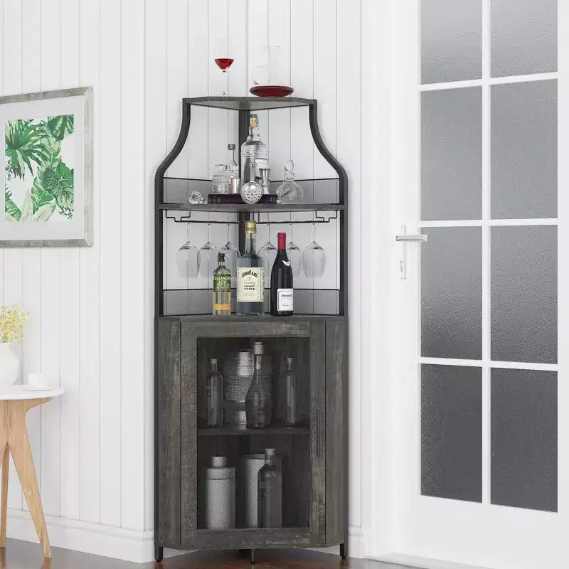 Étagère à vin d'angle, étagère à 5 niveaux avec casier à vin amovible, meuble de bar avec support à verres, petit meuble de salle à manger et buffet avec porte en filet