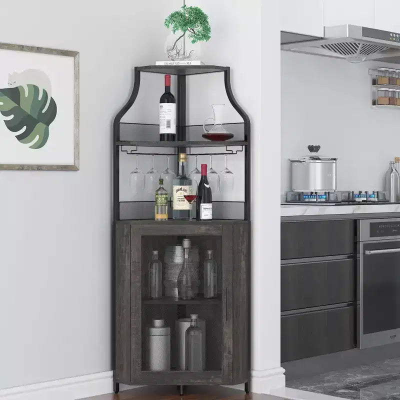 Étagère à vin d'angle, étagère à 5 niveaux avec casier à vin amovible, meuble de bar avec support à verres, petit meuble de salle à manger et buffet avec porte en filet