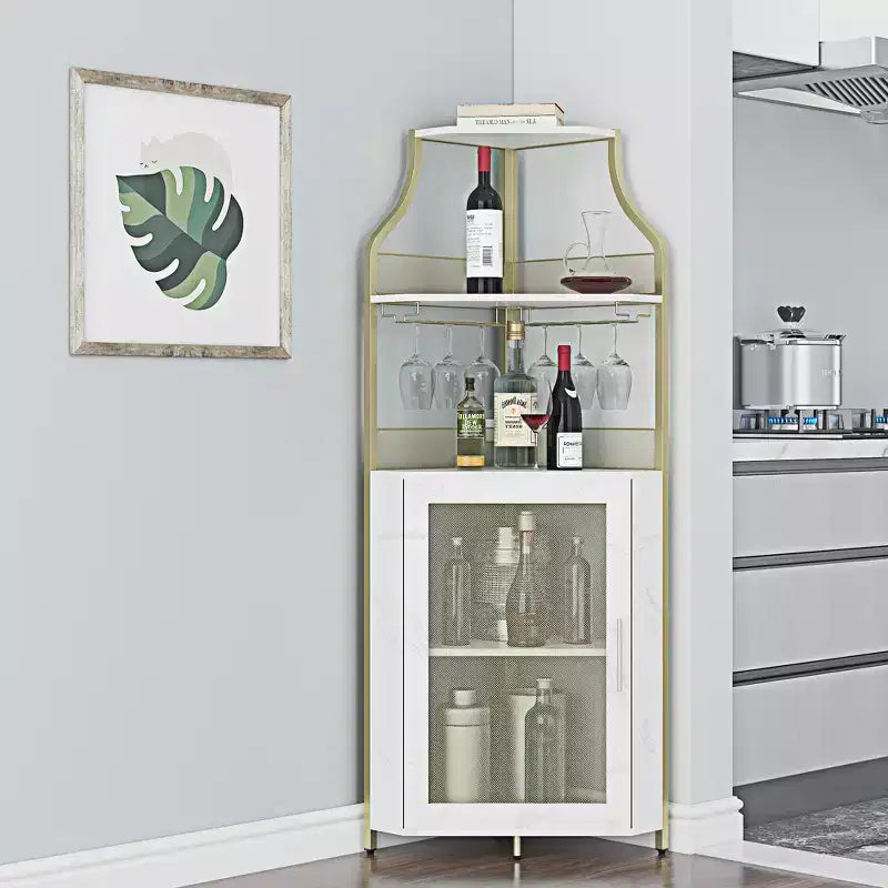 Étagère à vin d'angle, étagère à 5 niveaux avec casier à vin amovible, meuble de bar avec support à verres, petit meuble de salle à manger et buffet avec porte en filet