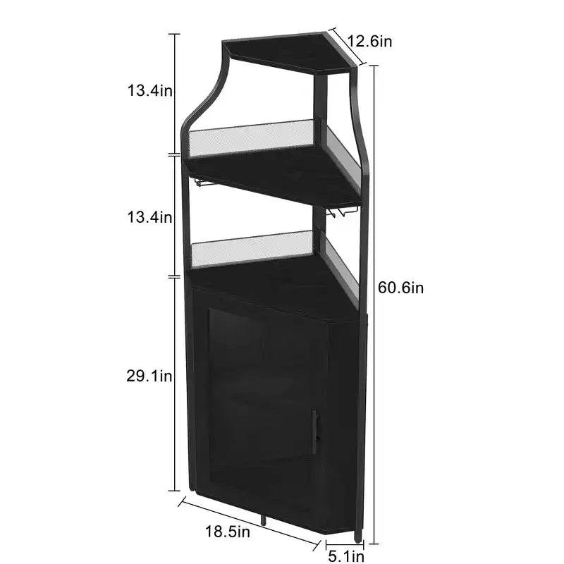 Étagère à vin d'angle, étagère à 5 niveaux avec casier à vin amovible, meuble de bar avec support à verres, petit meuble de salle à manger et buffet avec porte en filet