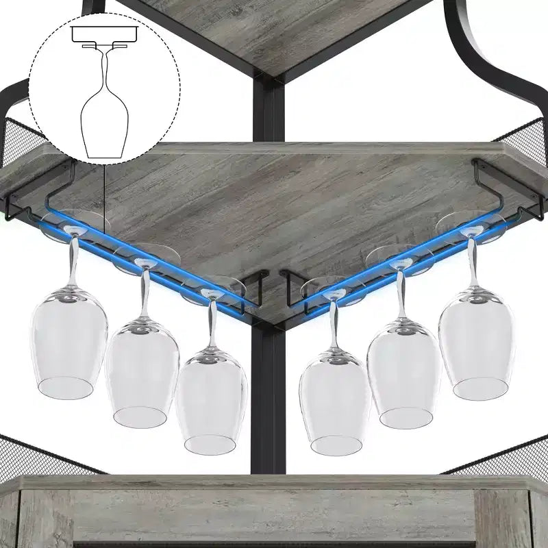 Étagère à vin d'angle, étagère à 5 niveaux avec casier à vin amovible, meuble de bar avec support à verres, petit meuble de salle à manger et buffet avec porte en filet