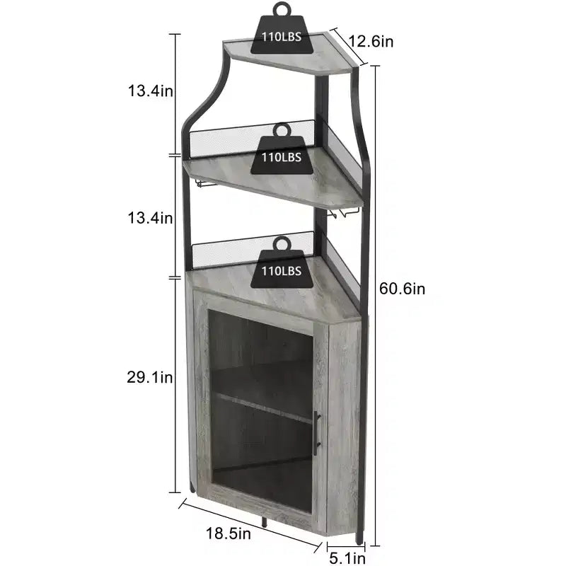 Étagère à vin d'angle, étagère à 5 niveaux avec casier à vin amovible, meuble de bar avec support à verres, petit meuble de salle à manger et buffet avec porte en filet