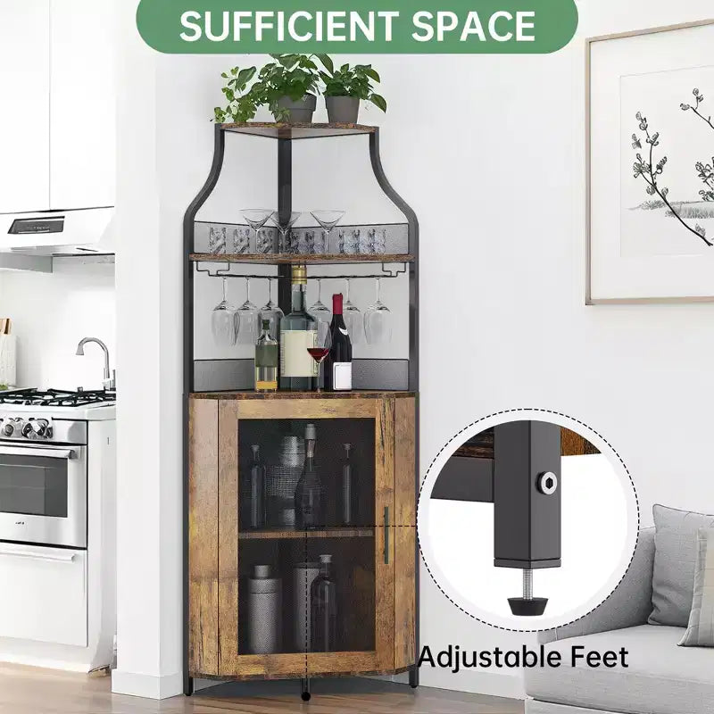 Étagère à vin d'angle, étagère à 5 niveaux avec casier à vin amovible, meuble de bar avec support à verres, petit meuble de salle à manger et buffet avec porte en filet