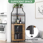 Étagère à vin d'angle, étagère à 5 niveaux avec casier à vin amovible, meuble de bar avec support à verres, petit meuble de salle à manger et buffet avec porte en filet