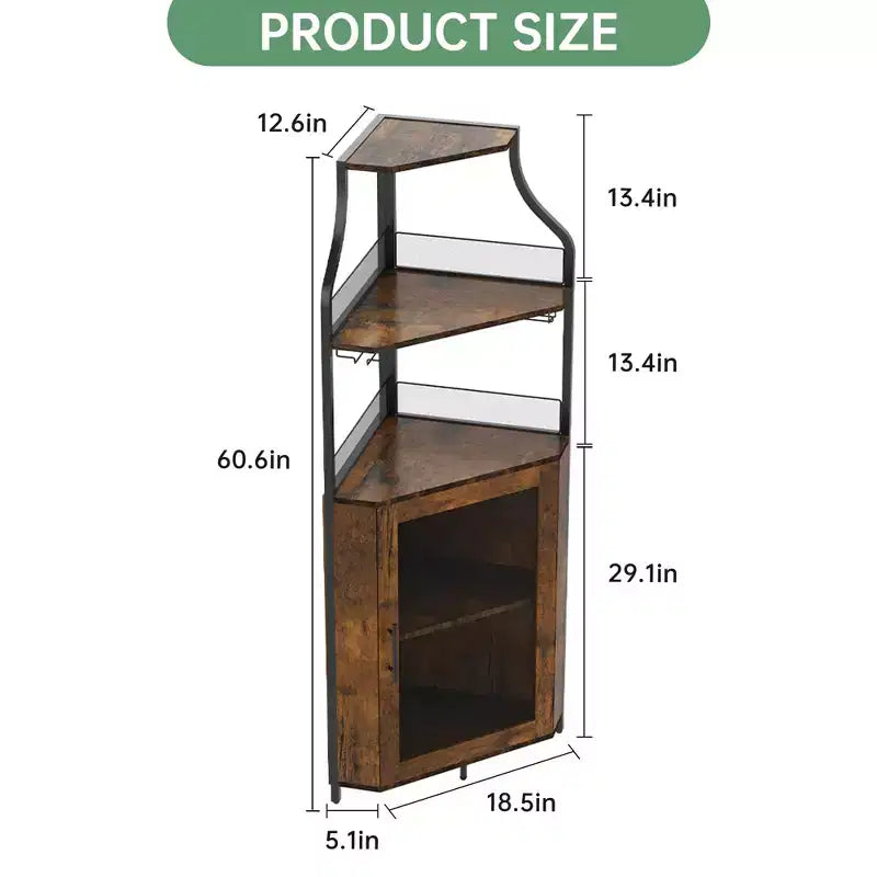 Étagère à vin d'angle, étagère à 5 niveaux avec casier à vin amovible, meuble de bar avec support à verres, petit meuble de salle à manger et buffet avec porte en filet