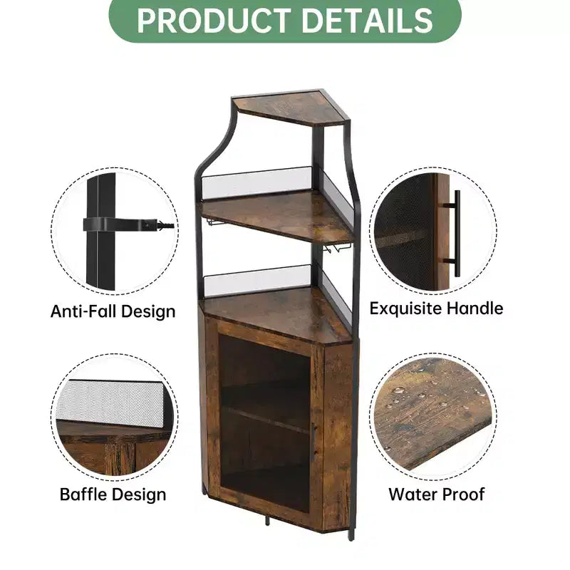 Étagère à vin d'angle, étagère à 5 niveaux avec casier à vin amovible, meuble de bar avec support à verres, petit meuble de salle à manger et buffet avec porte en filet