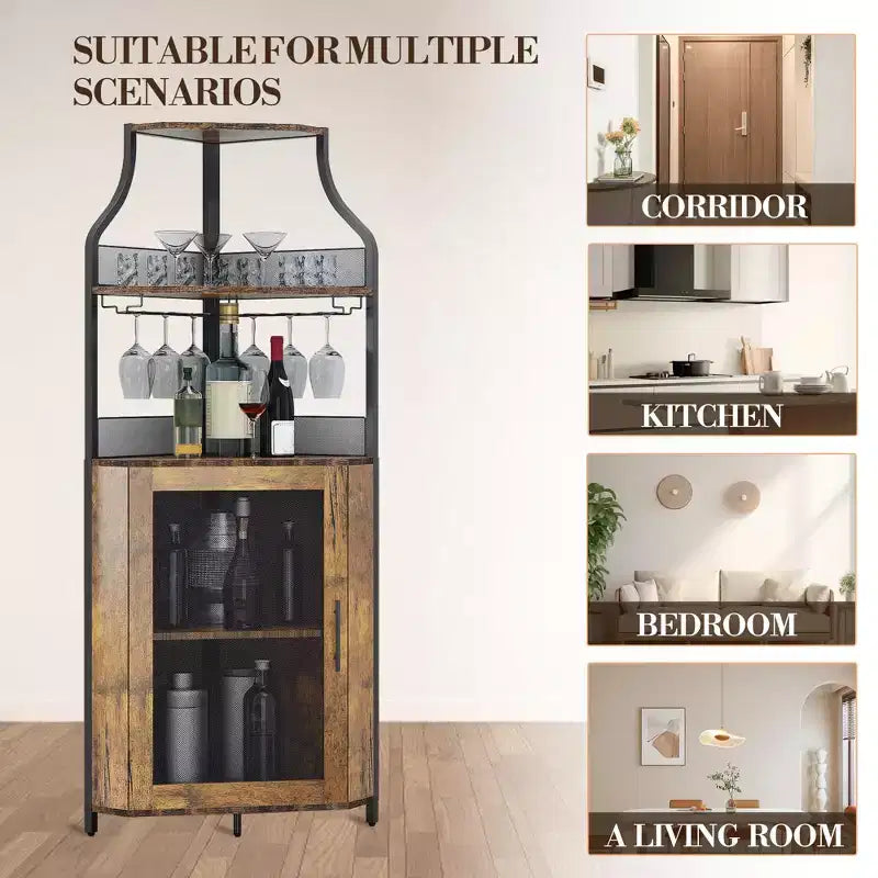 Étagère à vin d'angle, étagère à 5 niveaux avec casier à vin amovible, meuble de bar avec support à verres, petit meuble de salle à manger et buffet avec porte en filet