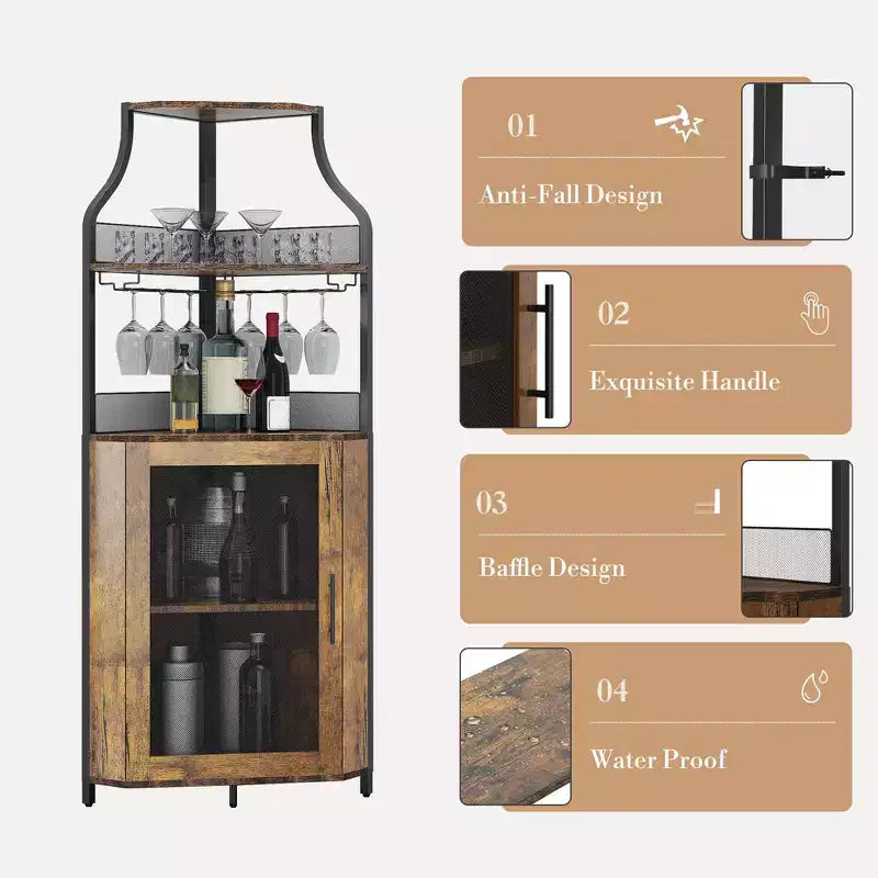 Étagère à vin d'angle, étagère à 5 niveaux avec casier à vin amovible, meuble de bar avec support à verres, petit meuble de salle à manger et buffet avec porte en filet