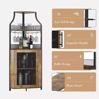 Étagère à vin d'angle, étagère à 5 niveaux avec casier à vin amovible, meuble de bar avec support à verres, petit meuble de salle à manger et buffet avec porte en filet
