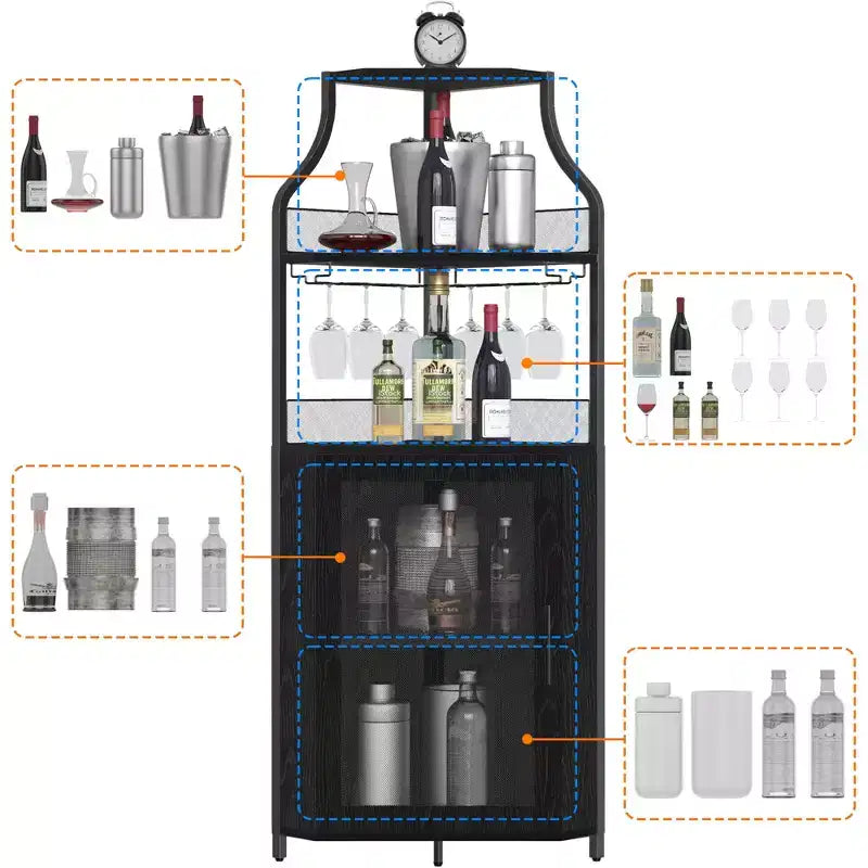 Étagère à vin d'angle, étagère à 5 niveaux avec casier à vin amovible, meuble de bar avec support à verres, petit meuble de salle à manger et buffet avec porte en filet