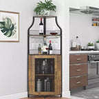 Étagère à vin d'angle, étagère à 5 niveaux avec casier à vin amovible, meuble de bar avec support à verres, petit meuble de salle à manger et buffet avec porte en filet