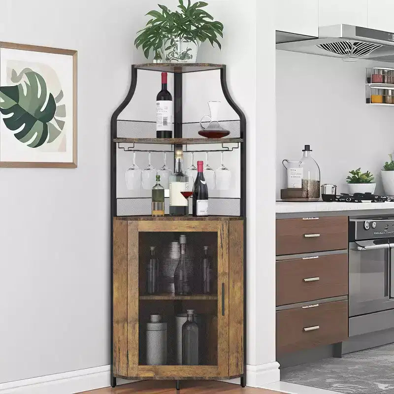 Étagère à vin d'angle, étagère à 5 niveaux avec casier à vin amovible, meuble de bar avec support à verres, petit meuble de salle à manger et buffet avec porte en filet