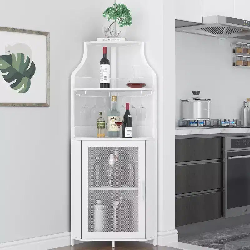 Étagère à vin d'angle, étagère à 5 niveaux avec casier à vin amovible, meuble de bar avec support à verres, petit meuble de salle à manger et buffet avec porte en filet