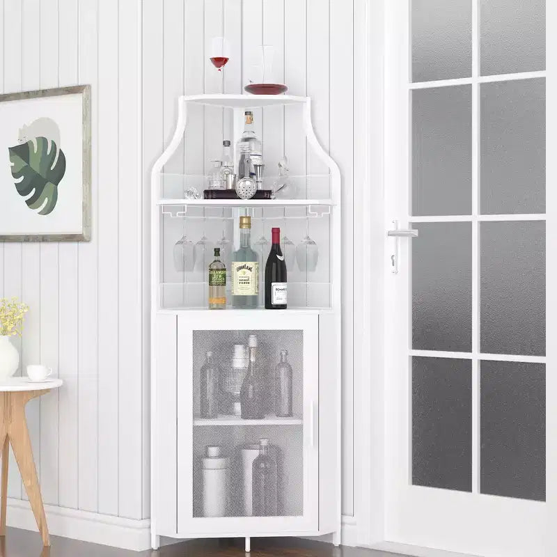 Étagère à vin d'angle, étagère à 5 niveaux avec casier à vin amovible, meuble de bar avec support à verres, petit meuble de salle à manger et buffet avec porte en filet