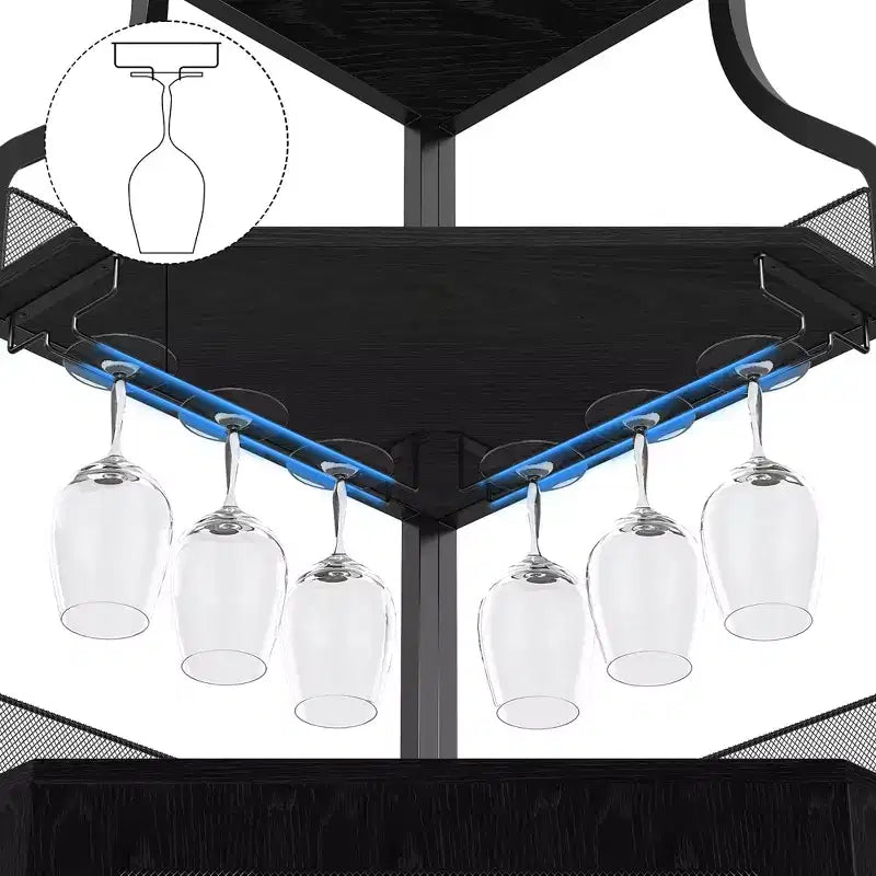 Étagère à vin d'angle, étagère à 5 niveaux avec casier à vin amovible, meuble de bar avec support à verres, petit meuble de salle à manger et buffet avec porte en filet