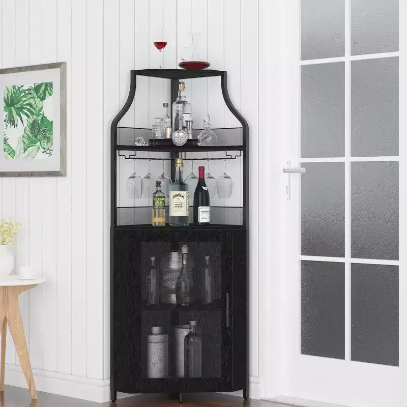 Étagère à vin d'angle, étagère à 5 niveaux avec casier à vin amovible, meuble de bar avec support à verres, petit meuble de salle à manger et buffet avec porte en filet