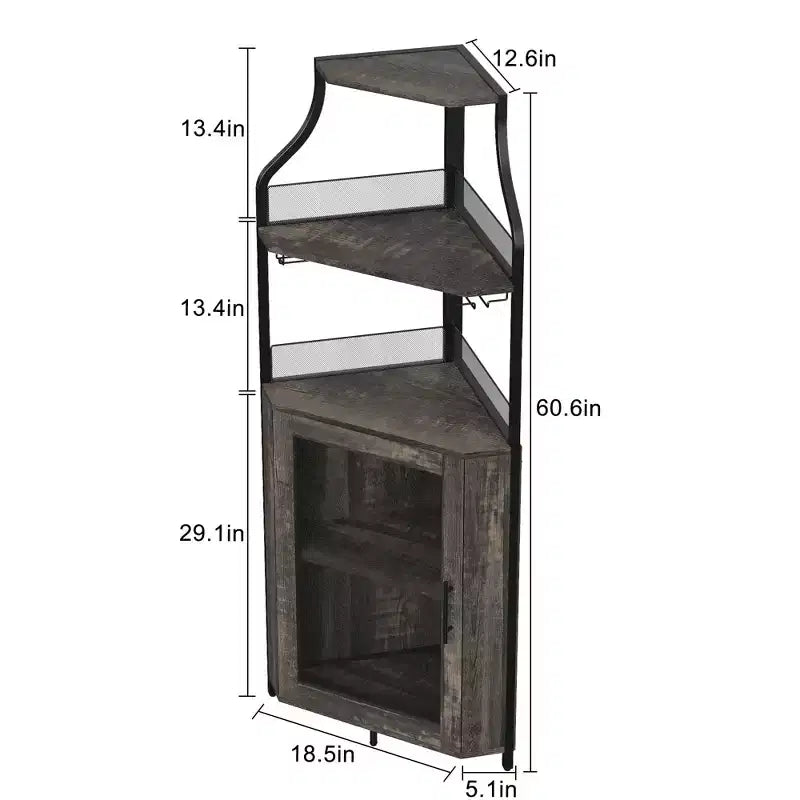 Étagère à vin d'angle, étagère à 5 niveaux avec casier à vin amovible, meuble de bar avec support à verres, petit meuble de salle à manger et buffet avec porte en filet