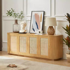 24/31.5H Wave Shaped Buffet Sideboard, TV Stand, Rounded Corner Cabinet with Wood Vertical Striped Rattan Doors, Natural - ModernLuxe