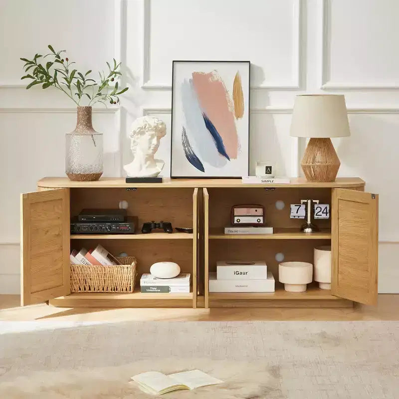 Bahut buffet ondulé 24/31,5H, Meuble TV, Armoire d'angle arrondie avec portes en rotin à rayures verticales en bois, Naturel - ModernLuxe
