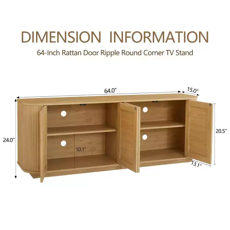 Bahut buffet ondulé 24/31,5H, Meuble TV, Armoire d'angle arrondie avec portes en rotin à rayures verticales en bois, Naturel - ModernLuxe