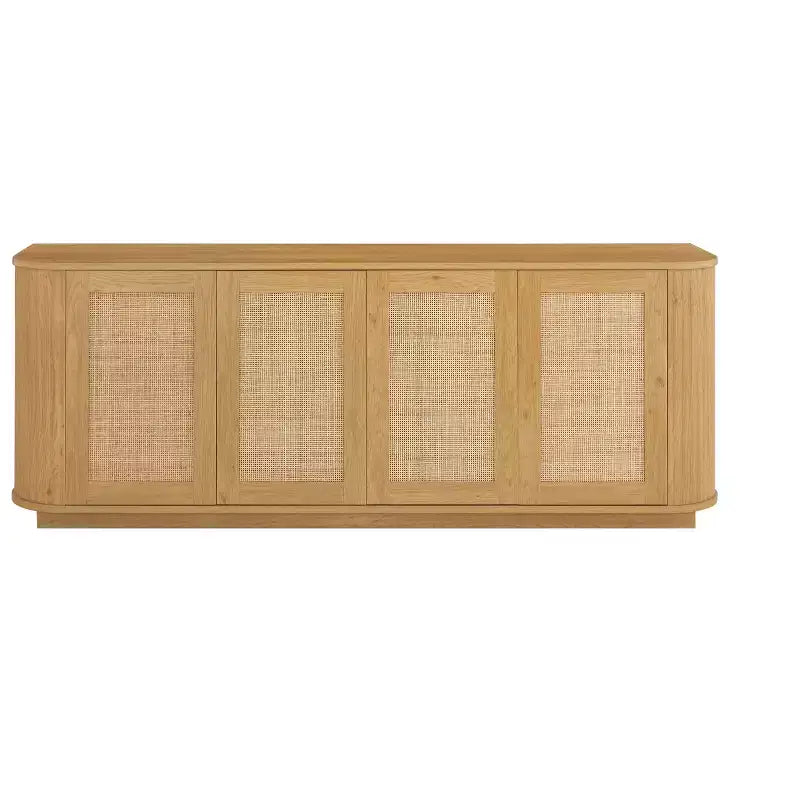Bahut buffet ondulé 24/31,5H, Meuble TV, Armoire d'angle arrondie avec portes en rotin à rayures verticales en bois, Naturel - ModernLuxe