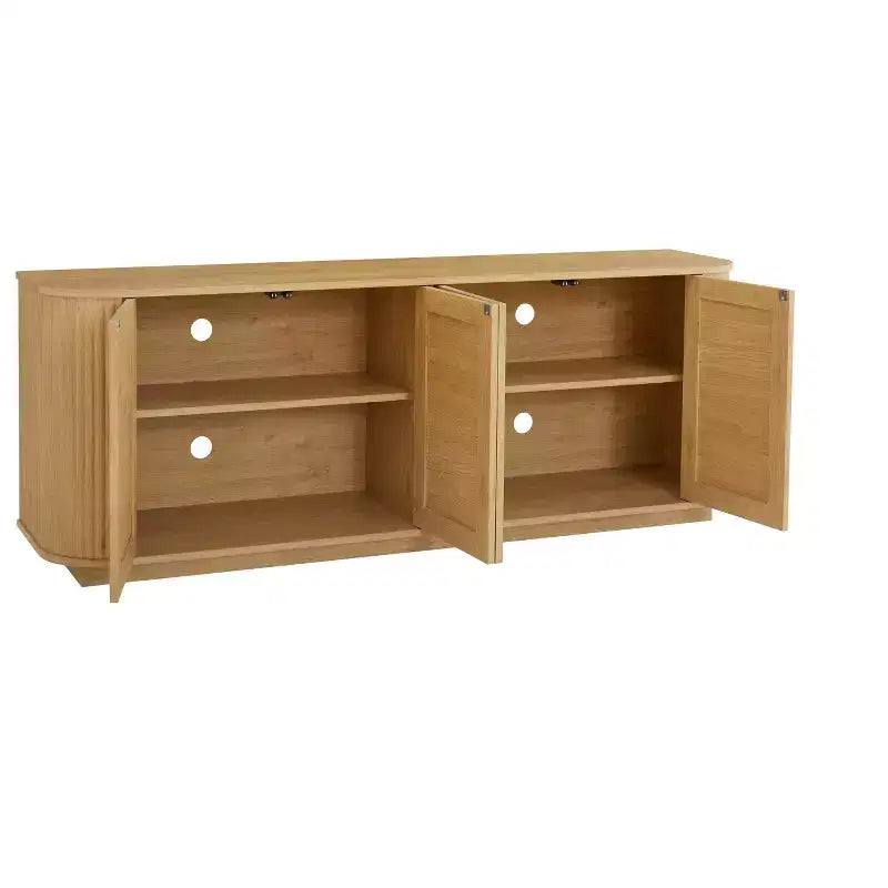 Bahut buffet ondulé 24/31,5H, Meuble TV, Armoire d'angle arrondie avec portes en rotin à rayures verticales en bois, Naturel - ModernLuxe