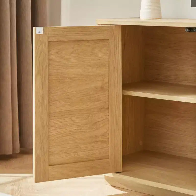 Bahut buffet ondulé 24/31,5H, Meuble TV, Armoire d'angle arrondie avec portes en rotin à rayures verticales en bois, Naturel - ModernLuxe
