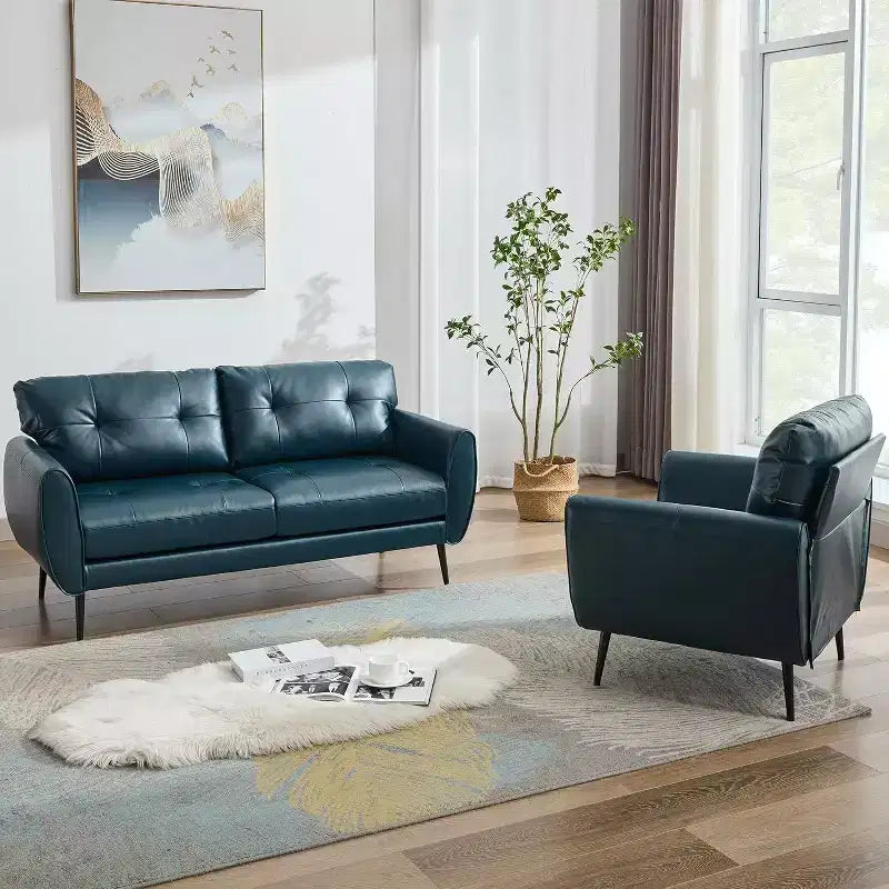 TYBOATLE 61 Causeuse/Canapé d'Angle et Fauteuil Capitonnés Mid-Century Modern, Ensemble Canapé de Luxe en Similicuir pour Salon, Chambre ou Bureau
