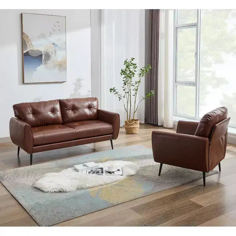 TYBOATLE 61 Causeuse/Canapé d'Angle et Fauteuil Capitonnés Mid-Century Modern, Ensemble Canapé de Luxe en Similicuir pour Salon, Chambre ou Bureau