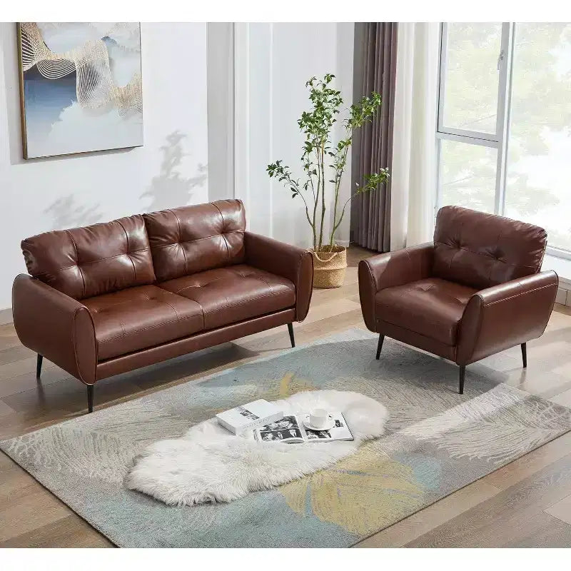 TYBOATLE 61 Causeuse/Canapé d'Angle et Fauteuil Capitonnés Mid-Century Modern, Ensemble Canapé de Luxe en Similicuir pour Salon, Chambre ou Bureau