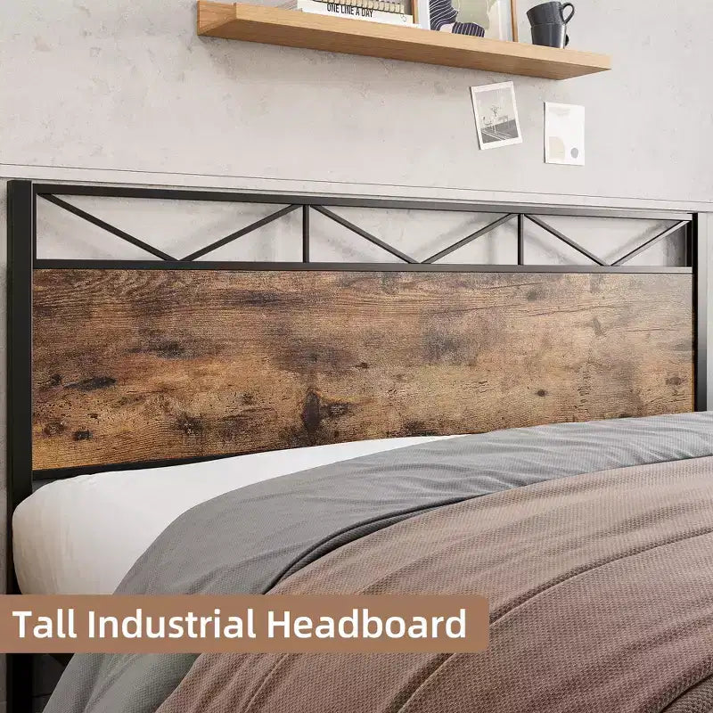 Cadre de lit avec tête de lit, Cadre de lit plateforme King industriel, Support à lattes métalliques solides, Rangement sous le lit de 28 cm